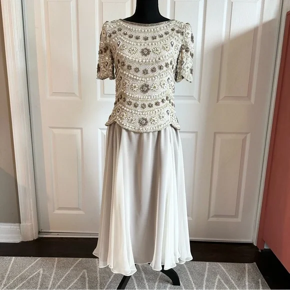 George F. Couture Champagne Hand-beaded and Silk Formal Evening Gown - Picture 1 of 10